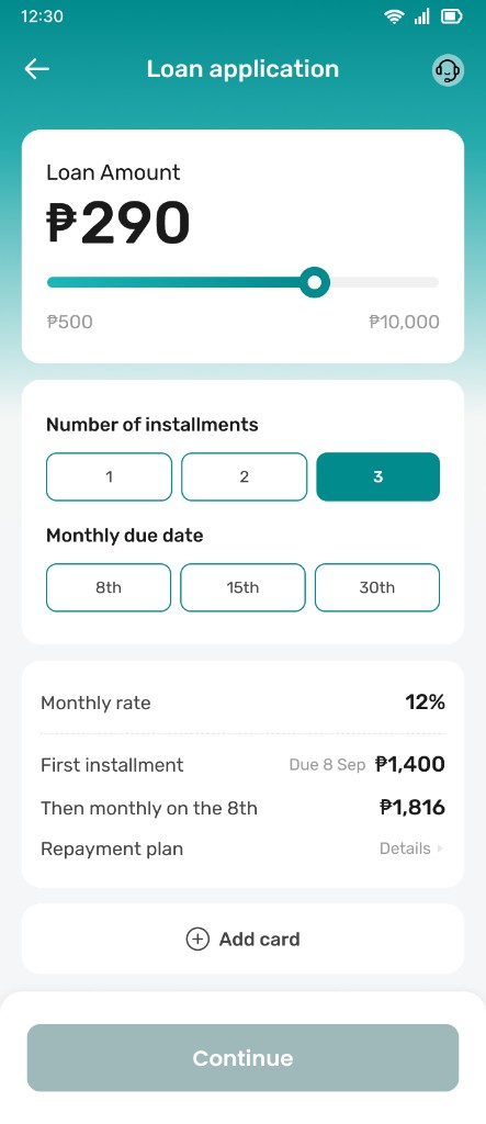 Choose the amount, installments, and due date